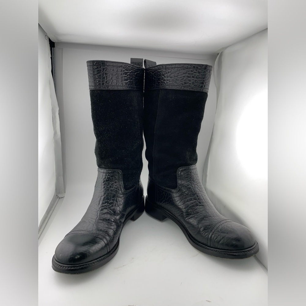 Tory Burch Corey Mid Calf Flat Leather Embossed Black  Suede Boots Size 7M​​​​​​ - Picture 5 of 13